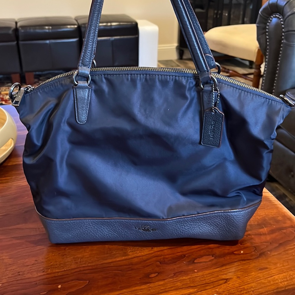 Navy blue nylon and pebble leather COACH tote with additional strap
